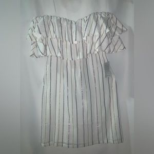 Charles Henry  white off the shoulders striped metallic mini dress